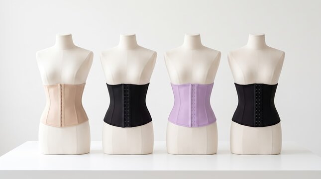 Elegant waist trainer corsets on mannequins, slimming shapewear collection in neutral and pastel colors, female torso body shapers