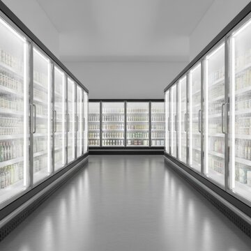 A minimalist 3D render of a supermarket aisle featuring rows of commercial refrigerated display cases with glass doors and bright LED lighting on reflective gray flooring.