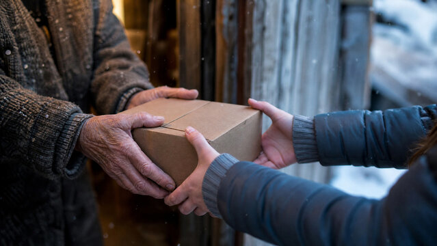 Humanitarian aid delivery of a cardboard box into weathered hands outdoors during winter