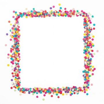 Square frame border composed of vibrant multi-colored paper confetti dots on a plain white background, featuring central copy space for celebration and party invitation designs.