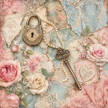 Ornate Lock and Key with Pearls on Vintage Ephemera