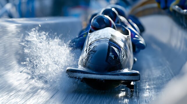 90. A high-speed action shot of a bobsled team blasting through a icy corner turn. Ice shards spraying from the sled runners, reflections of the fast-moving track walls on the athletes' sleek 