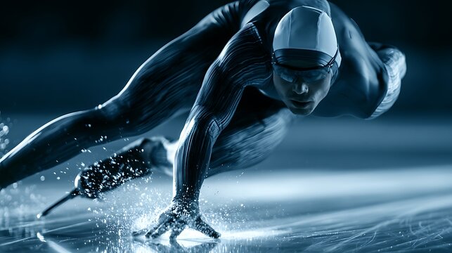 91. A professional winter sports shot of a speed skater leaning aggressively on the oval track. Hand touching the ice surface for balance, ice crystals flying from the blade edge, muscle striations 