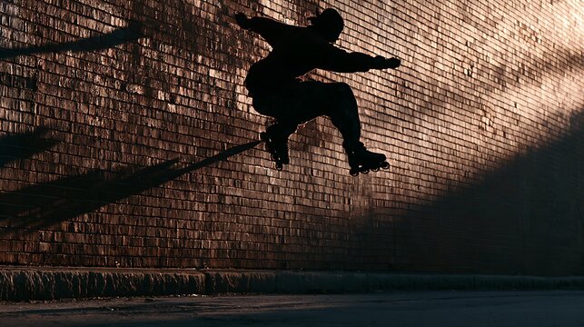 81. A professional sports photography of an aggressive inline skater jumping over a street gap. Caught mid-air in a mute grab position, gritty urban brick wall background, late afternoon sun 