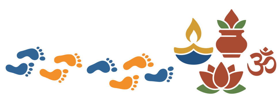 Colorful indian festival elements featuring footprints of goddess lakshmi diya lamp kalash and om symbol