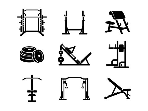 Black and white icons representing various types of gym and fitness equipment