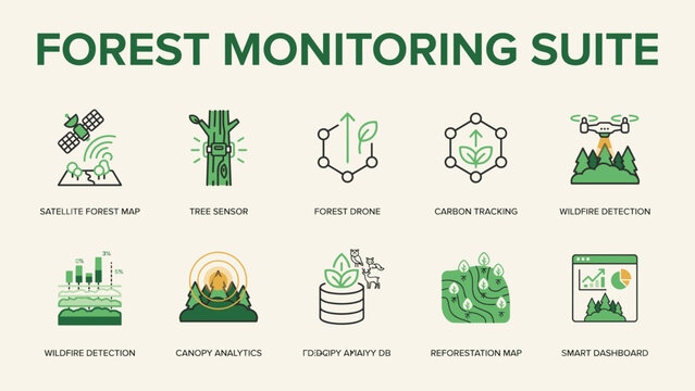 Smart forest monitoring suite vector icon set &ndash; Perfect for environmental tech startups, satellite analytics, or ecology dashboards.