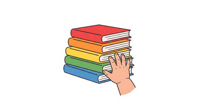 Hand Reaching For Stack Of Rainbow Colored Books