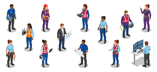 Fototapeta premium Network engineer and telecommunication worker team managing IT infrastructure | Isometric flat illustration