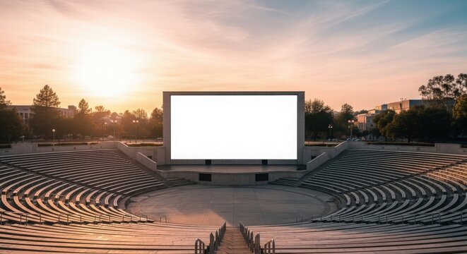 A wide shot of an empty outdoor amphitheater with a large blank screen at sunset, ready for a movie.