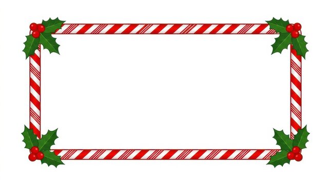 A festive rectangular frame features candy canes and holly leaves against a white background candycanes candycane hollyleaves hollyleaf decoration ornament