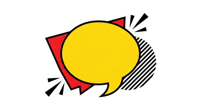 A yellow speech bubble with red and black graphic elements is isolated on a white background speechbubble speech-bubble talkbubble talk-bubble