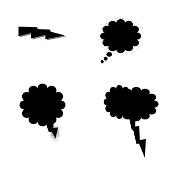 Black comic cloud thought bubbles set with lightning bolt and noise grain texture