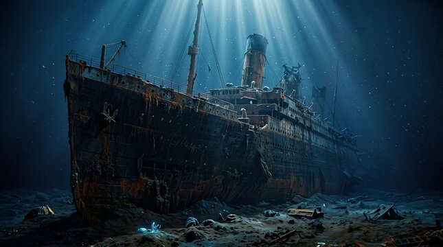 Sunken shipwreck on the dark ocean floor, rusted underwater vessel with light rays, ancient maritime wreck in deep blue water
