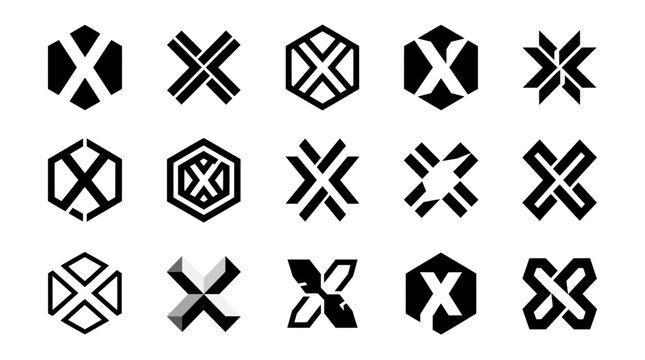 A collection of diverse monochromatic letter X logo designs featuring geometric shapes and stylized minimalist typographic symbols for modern branding