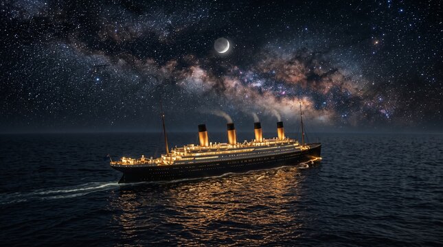 Digital art vintage ocean liner sailing under the Milky Way galaxy, retro night sky with stars and moon, atmospheric maritime seascape illustration with elegant ship on dark water