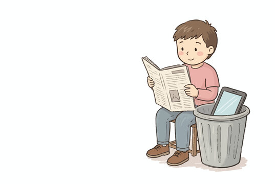 Cute Boy Reading Newspaper on Trash Can.