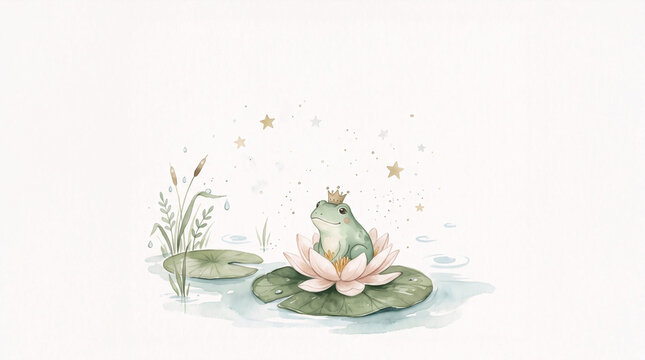 Cute Watercolor Frog Prince on Water Lily for Kids Birthday Card