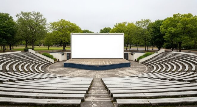 Empty outdoor amphitheater with a large blank screen and tiered seating surrounded by green trees.