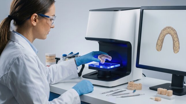 Female Dental Technician Scanning Jaw Model with 3D Scanner in Modern Laboratory. Concept of dental lab, digital dentistry, dental 3d scan. Copy space.