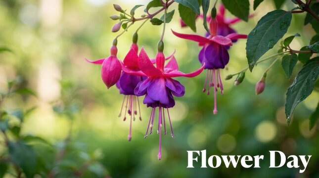 Fuchsia flowers with vibrant pink and purple petals bloom on slender stems against a blurred green backdrop flower hanging pendulous