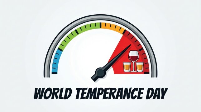 Gauge with needle pointing to red zone and drink icons represents temperance and responsible consumption speedometer dial meter indicator measurement