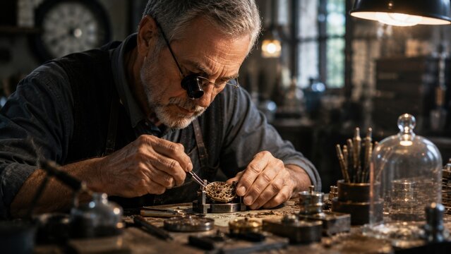 Senior Watchmaker Repairing Vintage Mechanical Clockwork Mechanism in Workshop. Concept of repairing watch, craftsman, clockmaker.