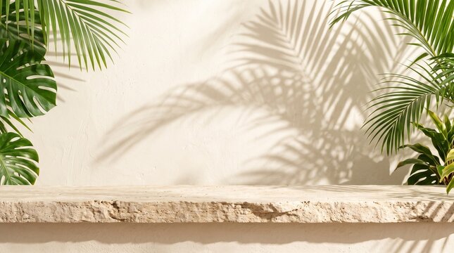 Natural stone table top or counter with tropical palm tree and monstera leaves shadow on warm white wall background for product display.