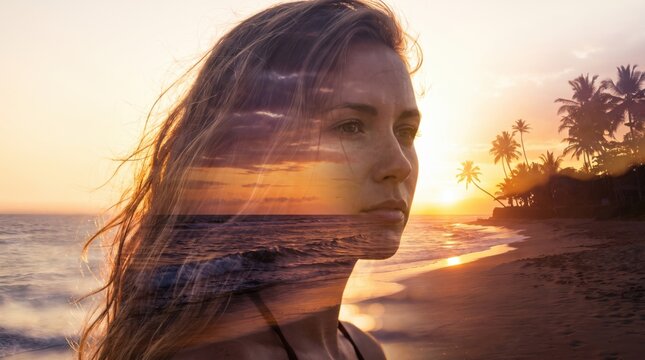 Double Exposure Silhouette of Woman and Tropical Ocean Sunset Beach. Concept of woman portrait, ocean waves, tropical landscape.