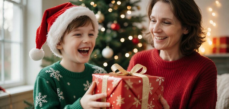 Joyful moment of a young boy receiving a Christmas gift from a smiling woman against a festive, warmly lit Christmas tree background.
