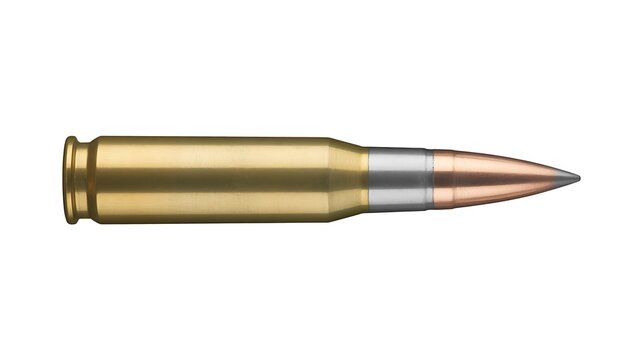 Single brass metal rifle bullet isolated on plain background