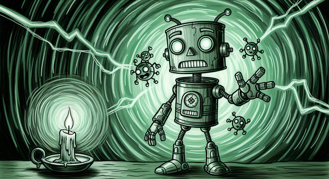 A digital art of neon cat beneath aurora sky with glowing robot and electric bolts