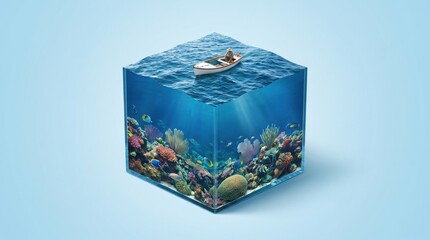 Obraz premium 3D Cube Ocean Concept with Fisherman in Boat Above Underwater Coral Reef. Concept of underwater world. Copy space.