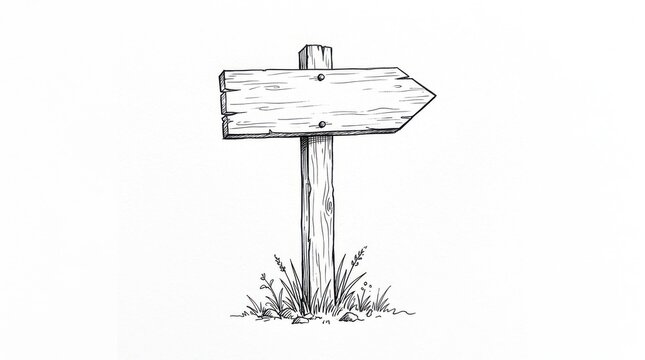 A wooden signpost illustration depicts a directional arrow pointing right with grass at its base arrowhead direction guidance sketch drawing
