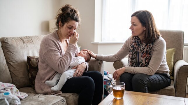 Crying Mother Holding Newborn Baby Receiving Support From Specialist At Home. Concept of postpartum depression, midwife support, mental health, baby depression. Copy space.