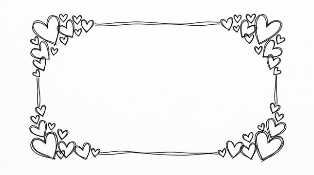 A rectangular frame adorned with hand drawn hearts is presented as a black and white vector illustration heart-shaped border doodle