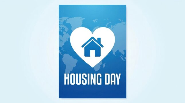 Heart shaped housing icon with a house symbol stands out against a blue world map background home shelter residence dwelling