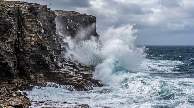 Dramatic ocean waves crashing against rocky cliffs, powerful sea spray on coastal rocks, stormy marine landscape under cloudy sky