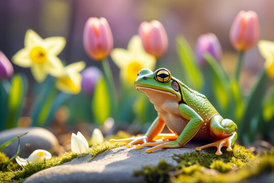 Portrait of amphibian green frog on background spring blooming flower garden outside AI Generative