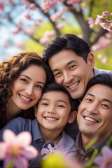 Fototapeta premium Portrait of cute family model on background of blooming floral spring garden flower AI Generative