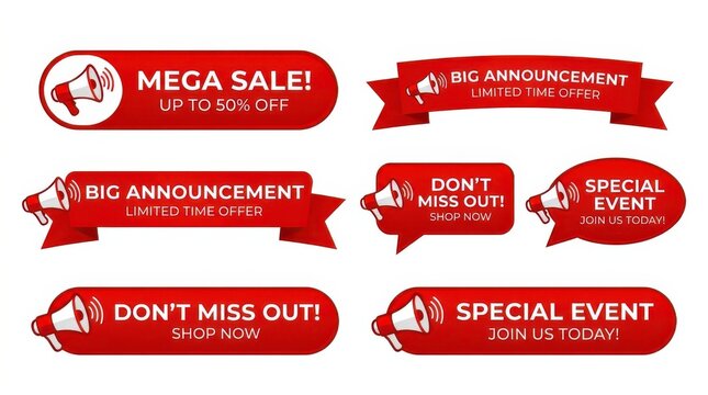 Red ribbon banners with megaphone illustrations advertise sales and announcements on a white background announcement discount event flashsale offer promotion