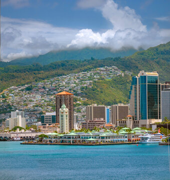 Honolulu cruise port with its iconic clock tower, Oahu, Hawaii
