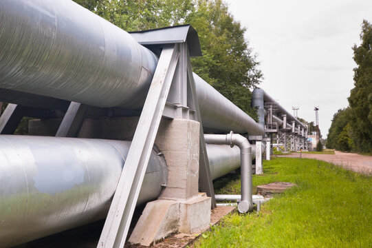 The photo shows a pipeline against the backdrop of a forest, with a road running alongside it