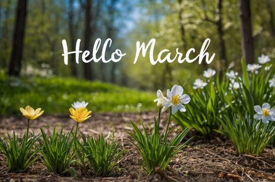 Poster card spring text lettering Hello March on romantic bloom blossom tree flowers AI Generative