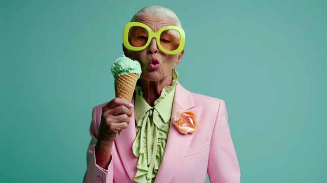 stylish elderly woman with short white hair, holding a waffle cone with light green mint ice cream near her lips with a puckered kiss facial expression, 