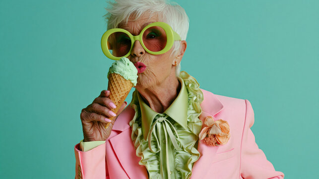 stylish elderly woman with short white hair, holding a waffle cone with light green mint ice cream near her lips with a puckered kiss facial expression, 