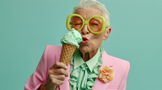 stylish elderly woman with short white hair, holding a waffle cone with light green mint ice cream near her lips with a puckered kiss facial expression, 