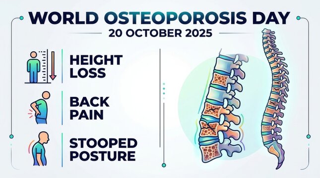 Anatomy illustration depicts a human spinal column alongside icons representing osteoporosis symptoms spine vertebrae skeleton skeletal backbone bone density