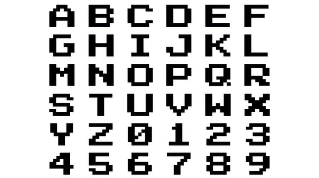 Pixelated alphanumeric characters are displayed in a grid arrangement against a white background digital font glyphs letters numbers pixel