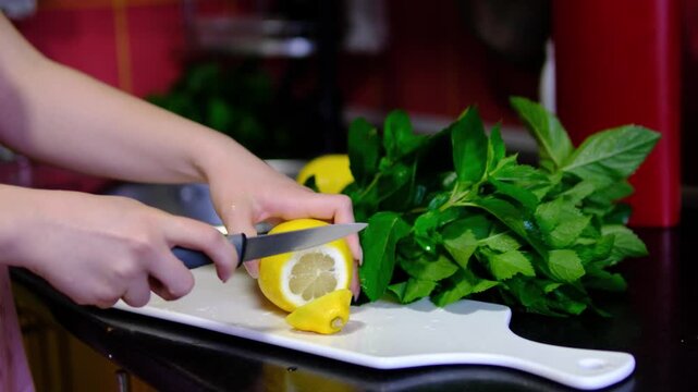 Fresh citrus is carefully cut into thin slices while aromatic mint waits nearby for refreshing recipes. Bright ingredients are prepared for homemade drinks and desserts.